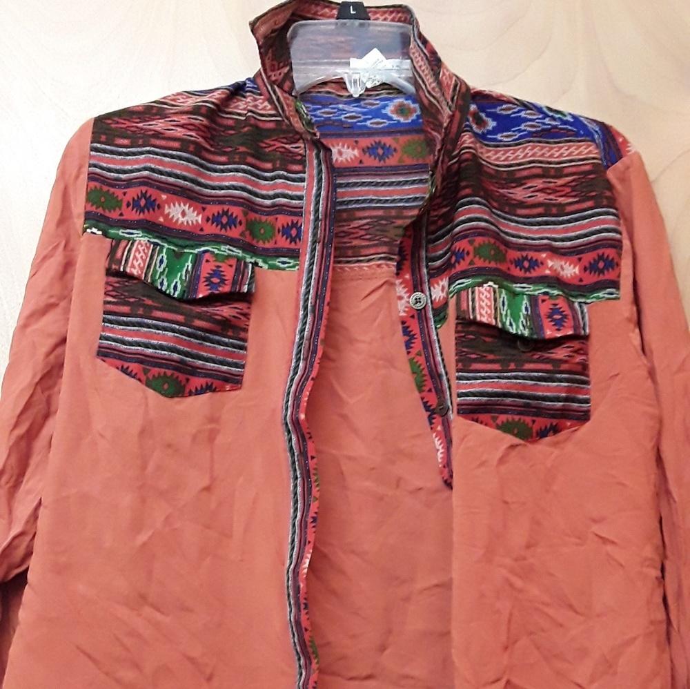 Boho tribal orange button up collar top Mocha L